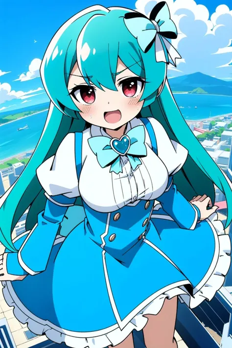 1girl, (magia-azul:1.6), green hair, hair bow, red eyes, blue dress, brooch, smile, happy, flying, above city, <lora:magia-azul_Iselestia:0.6>