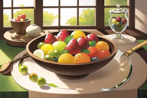 there is a bowl of fruit on a table with a glass of water