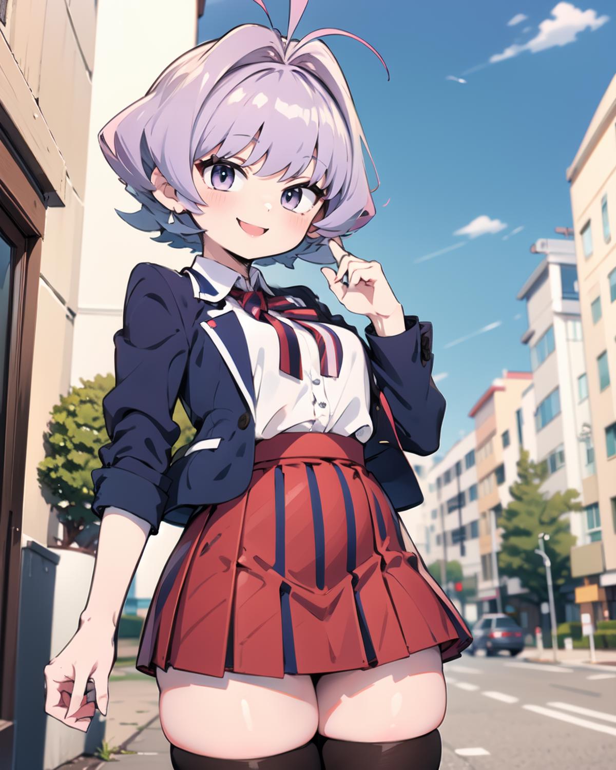 Anime girl in a short skirt and jacket posing on a street - SeaArt AI