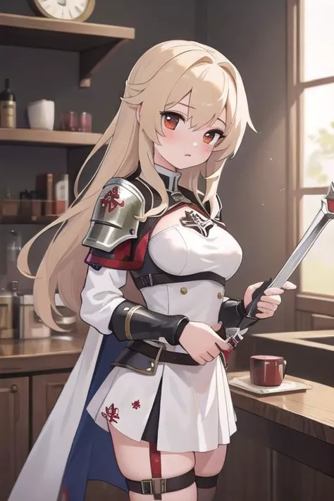 a woman in a white dress holding a sword in a kitchen