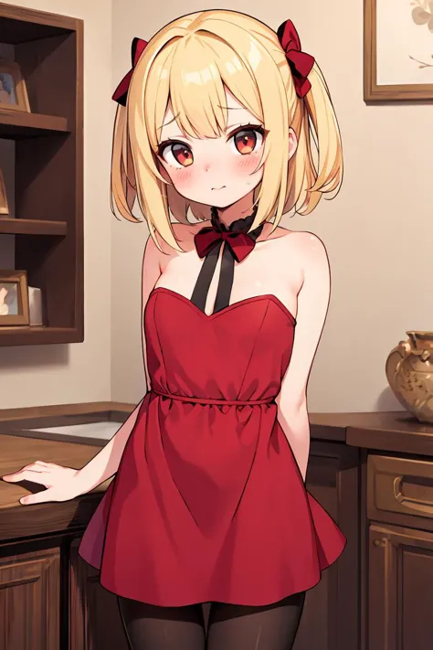 (masterpiece, best quality), 1girl, blonde hair, red dress, pantyhose, cute face, blush,