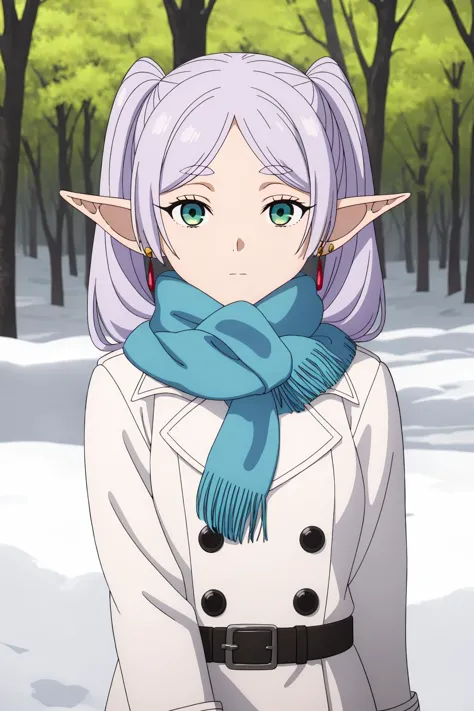 ((best quality)),((highly detailed)),masterpiece,absurdres,detailed face,beautiful face,(detailed eyes, deep eyes),1girl((dynamic pose)),  <lora:FrierenV1:0.7>, Frieren, pointy ears, solo, twintails, scarf, blue scarf, elf, long hair, tree, earrings, green eyes, jewelry, looking at viewer, coat, outdoors, snowing, white hair, upper body, expressionless, closed mouth, winter clothes, bangs, white coat, long sleeves, snow, buttons, blurry, nature,snow on trees, parted bangs, standing, day, arms at sides