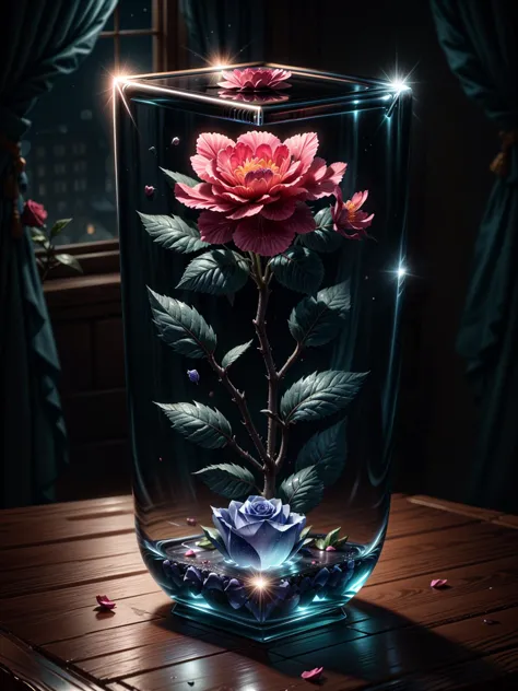 there is a glass vase with a flower inside of it