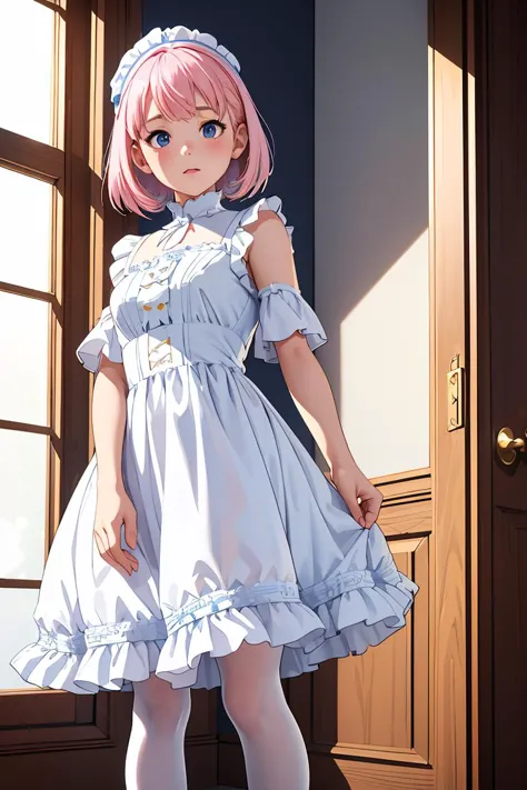 (masterpiece, best quality), 1girl, blue and white frill dress, (white stockings), pink hair, cute face, standing, indoor, intricate detail, sunlight,