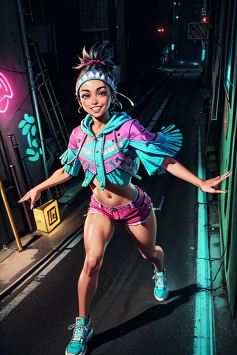 (masterpiece, best quality, highres, absurdres, ultra-detailed:1.3), 1girl, lilyms, jewelry, headband, poncho, fringe trim, tribal, magenta shorts, midriff, (cyberpunk, city street, luminescent, iridescent, holographic, graffiti, turquoise neon, running, smile, flirt), ((from above)) 