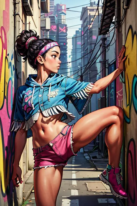 (masterpiece, best quality, highres, absurdres, ultra-detailed:1.3), 1girl, lilyms, jewelry, headband, poncho, fringe trim, tribal, magenta shorts, midriff, (cyberpunk, city street, graffiti, leaning on wall, raised leg), ((from side)) 