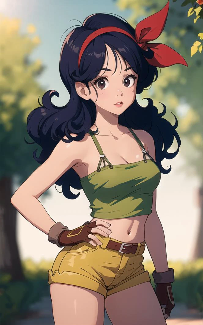 ((masterpiece, best quality)), insaneres, absurdres, solo, looking at viewer,
BlackHair_GoodLaunch_ownwaifu,
1girl, long hair, blue hair, curly hair, hair ribbon, black eyes, medium breasts, red hairband, eyelashes, bangs, 
green shirt,  crop top, midriff, fingerless gloves, cleavage, bare shoulders, navel, short shorts, collarbone, yellow shorts, tank top, belt, brown gloves, 
 outdoors, lens flare, depth of field, bokeh, vanishing point,
(contrapposto, hand on hip)