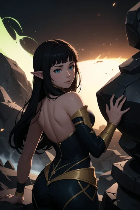 girl,(fantasy,isekai,magic,particles,rays,heroine),Elf,Lava Background,Turned away but looking back over the shoulder,Blunt Bangs,Fall Clothes,final fantasy ,(masterpiece,detailed,highres:1.4),(dota2:1.4)