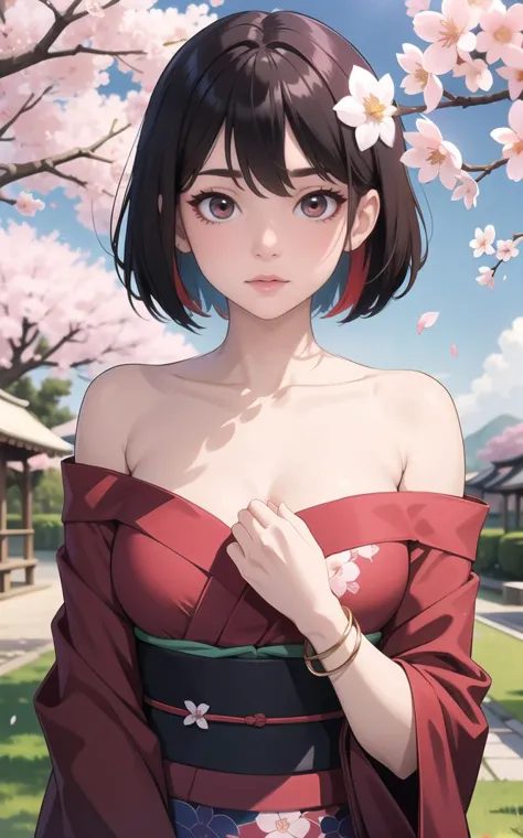 (highres,masterpiece,detailed), spring_\(season\),
 <lora:add_detail:0.6>  1girl, bangs, bare_shoulders, black_hair, blue_sky, blush, bracelet, branch, breasts, brown_eyes, camellia, cherry_blossoms, cloud, collarbone, colored_inner_hair, day, dress, falling_petals, flower, hair_between_eyes, hair_flower, hair_ornament, hanami, hand_on_own_chest, holding_flower, japanese_clothes, jewelry, kimono, looking_at_viewer, multicolored_hair, off_shoulder, open_mouth, outdoors, petals, petals_on_liquid, pink_flower, pink_rose, plum_blossoms, red_flower, red_hair, red_rose, rose, rose_petals, short_hair, 
spring_\(season\), cherry blossoms, vanishing point, depth_of_field, scenery, solo, looking at viewer, absurdres,