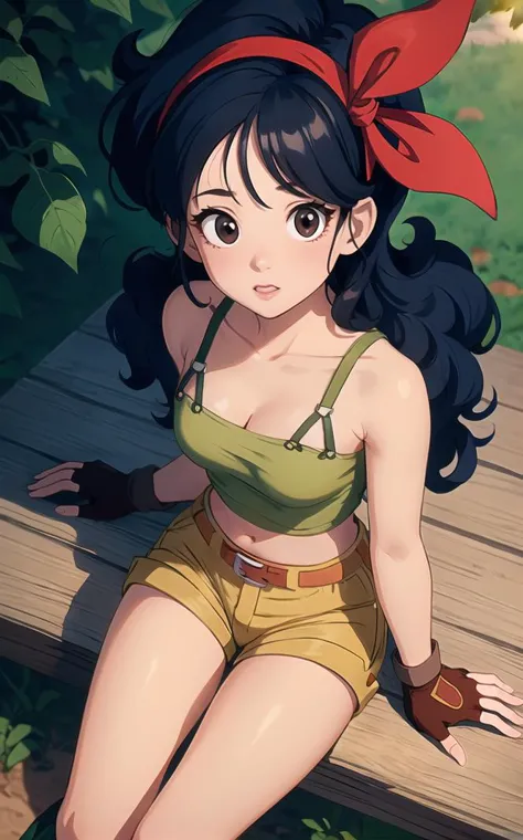 ((masterpiece, best quality)), insaneres, absurdres, solo, looking at viewer,
BlackHair_GoodLaunch_ownwaifu,
1girl, long hair, blue hair, curly hair, hair ribbon, black eyes, medium breasts, red hairband, eyelashes, bangs, 
green shirt,  crop top, midriff, fingerless gloves, cleavage, bare shoulders, navel, short shorts, collarbone, yellow shorts, tank top, belt, brown gloves, 
 outdoors, lens flare, depth of field, bokeh, vanishing point,
(from above, sitting)<lora:ANIME_DragonBall_Launch_ownwaifu:0.9>,