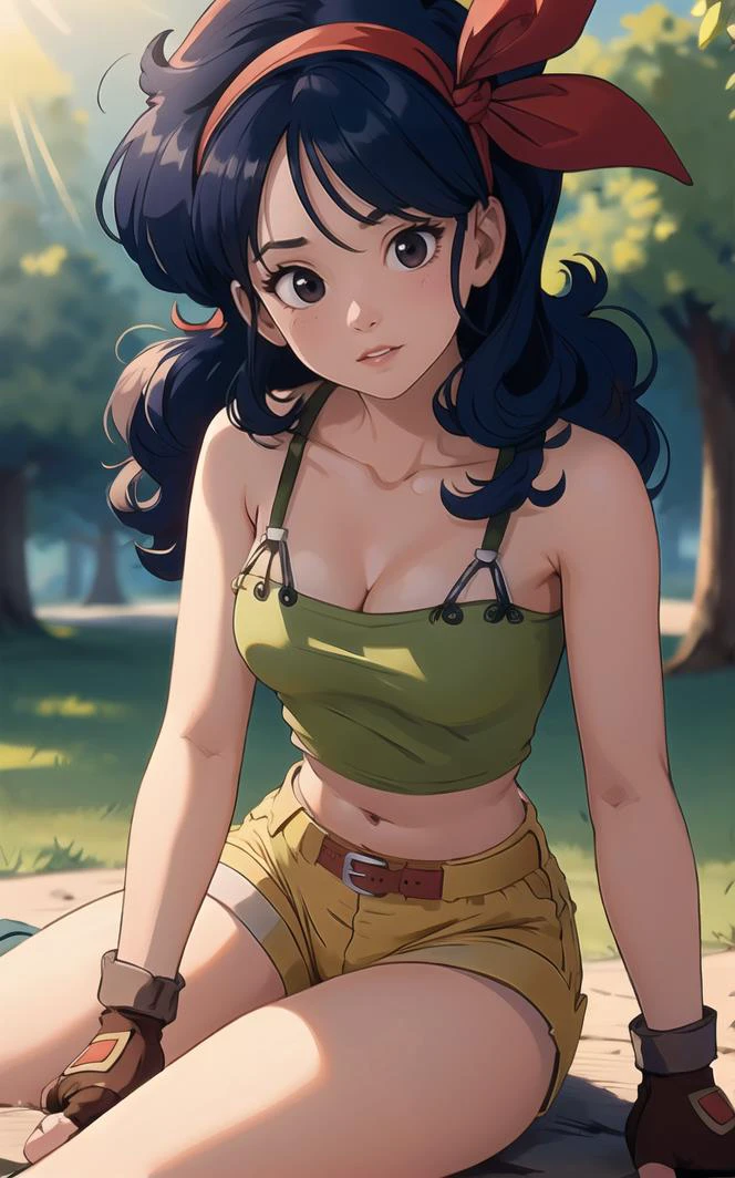 ((masterpiece, best quality)), insaneres, absurdres, solo, looking at viewer,
BlackHair_GoodLaunch_ownwaifu,
1girl, long hair, blue hair, curly hair, hair ribbon, black eyes, medium breasts, red hairband, eyelashes, bangs, 
green shirt,  crop top, midriff, fingerless gloves, cleavage, bare shoulders, navel, short shorts, collarbone, yellow shorts, tank top, belt, brown gloves, 
 outdoors, lens flare, depth of field, bokeh, vanishing point,
(sitting, head tilt)