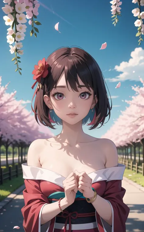 (highres,masterpiece,detailed), spring_\(season\),
 1girl, bangs, bare_shoulders, black_hair, blue_sky, blush, bracelet, branch, breasts, brown_eyes, camellia, cherry_blossoms, cloud, collarbone, colored_inner_hair, day, dress, falling_petals, flower, hair_between_eyes, hair_flower, hair_ornament, hanami, hand_on_own_chest, holding_flower, japanese_clothes, jewelry, kimono, looking_at_viewer, multicolored_hair, off_shoulder, open_mouth, outdoors, petals, petals_on_liquid, pink_flower, pink_rose, plum_blossoms, red_flower, red_hair, red_rose, rose, rose_petals, short_hair, 
vanishing point, depth_of_field, scenery, solo, looking at viewer, absurdres, wisteria,