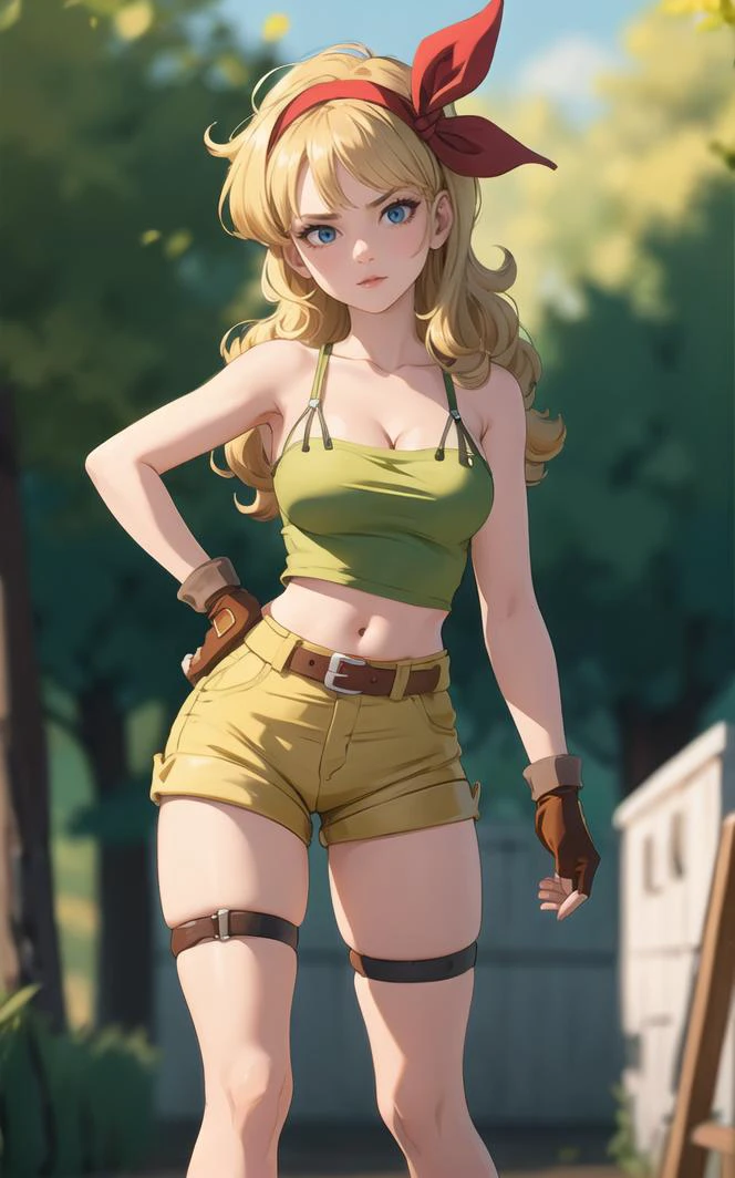 ((masterpiece, best quality)), insaneres, absurdres, solo, looking at viewer,
BlondeHair_BadLaunch_ownwaifu,
1girl, long hair, blonde hair,  curly hair, hair ribbon, blue eyes, medium breasts, red hairband, eyelashes, bangs, 
green shirt,  yellow shorts, crop top, midriff, fingerless gloves, cleavage, bare shoulders, navel, short shorts, collarbone, tank top, belt, brown gloves,  thigh strap, bare legs, 
 outdoors, lens flare, depth of field, bokeh, vanishing point,
(contrapposto, looking back)