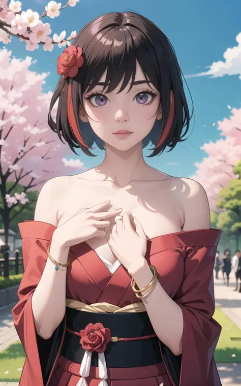 (highres,masterpiece,detailed)  <lora:add_detail:0.6>  1girl, bangs, bare_shoulders, black_hair, blue_sky, blush, bracelet, bran...