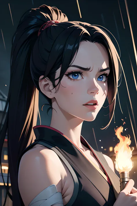 a beautiful portrait of a samurai woman with the chest cover by bandages, with some scars,  black hair, long hair, high ponytail, kimono, under the rain, torch lighting, outside, low dutch angle, from below, aggresive looking, scared, furious, bandages, rain, nightime, moonlight, moon, blue eyes, cowboy shot,, masterpiece, best quality, intricate, high quality, hyperdetailed, 16k, unity render, official art, highly detailed, absurdres,  incredibly absurdres, highres, high quality,  4k, 8k, masterpiece, best quality, portrait,  RAW photo, ultra high res, masterpiece, ultra-detailed, Unreal Engine ,camera low, camera close, absurdres, best quality, Graceful poise, evocative atmosphere, magnetic presence, refined seduction, captivating mystique, Intricate zentangle patterns, a single female figure, astonishing level of detail, generously endowed, portrait composition, striking perspective, a chaotic masterpiece, gracefully poised, inspired by brutalist architecture, vibrant color palette, undertones,