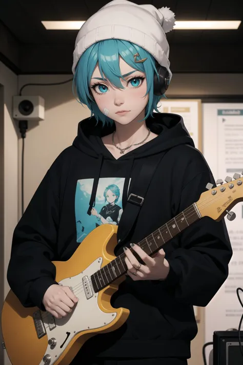 detailed_background,indoors,aqua_hair,holding_phone,hairclip,hair_between_eyes,guitar,beanie,straight-on,looking_at_viewer,eyes_...