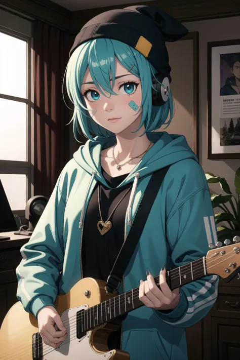 detailed_background,indoors,aqua_hair,holding_phone,hairclip,hair_between_eyes,guitar,beanie,straight-on,looking_at_viewer,eyes_...