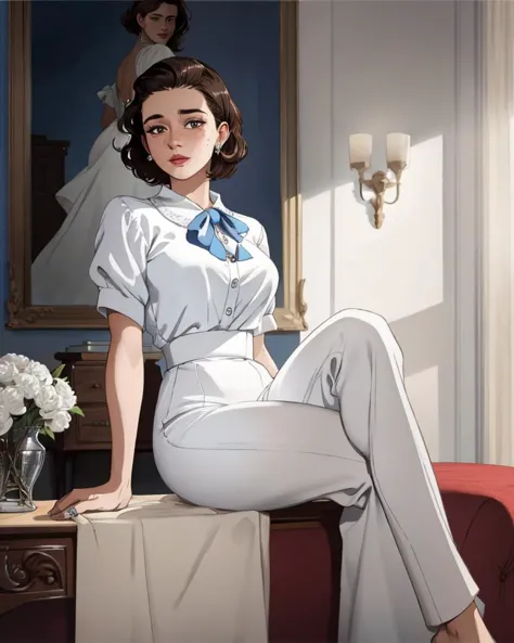 linha clara, Roy Krenkel, Jean-Pierre Gibrat, milo manara, François Schuiten, Edgar P Jacobs Mulher Ficcional, 1 garota, Prdeessional Full body photo, de (uma elegante dona de casa dos anos 1950), (Roupas brancas), (posing seductively in Livingroom de 1950s American house), pôster, corpo em forma, seios médios, mãos bonitas, Rosto Perfeito, olhos detalhados, (pele detalhada, poros de pele flexíveis), [sardas], [marcas de beleza], (Retrato), (seios flácidos:0.5), iluminação natural, (retroiluminação:0.6), shallow depth de field, Grão de filme de 8mm, fotografado em uma Leica 10772 MP, Lente de 50 mm, f2.8, (Altamente detalhado, detalhes intrincados, Multar), 8K, HDR, foco profundo, still cinematográfico de Mad Men, linha clara