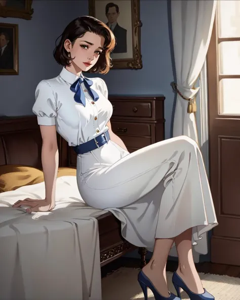 ligne claire, Roy Krenkel, Jean-Pierre Gibrat, Milo Manara, Francois Schuiten, Edgar P Jacobs Fictional woman, 1girl, Professional Full body photo, of (one elegant 1950s housewife), (white clothes), (posing seductively in Livingroom of 1950s American house), pinup, fit body, medium breasts, pretty hands, perfect face, detailed eyes, (detailed skin, supple skin pores), [freckles], [beauty marks], (portrait), (saggy breasts:0.5), natural lighting, (backlighting:0.6), shallow depth of field, 8mm film grain, photographed on a Leica 10772 M-P, 50mm lens, F2.8, (highly detailed, intricate details, fine), 8k, HDR, deep focus, cinematic film still from Mad Men, ligne claire