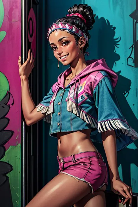 (obra de arte, melhor qualidade, alta resolução, absurdos, Ultra-detalhado:1.3), 1 garota, lírios, joia, arco de cabelo, poncho, guarnição de franja, tribal, Shorts magenta, barriga, (Ciberpunk, rua da cidade, grafite, encostado na parede, perna levantada, sorriso, flerte), ((tiro de vaqueiro)) 