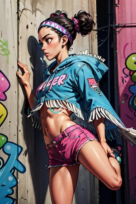 (masterpiece, best quality, highres, absurdres, ultra-detailed:1.3), 1girl, <lora:LilyMS:0.8>lilyms, jewelry, headband, poncho, fringe trim, tribal, magenta shorts, midriff, (cyberpunk, city street, graffiti, leaning on wall, raised leg), ((from side)) <lora:Squeezer2:0.6>,  <lora:add_detail_v1:0.8>