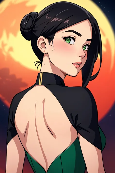 ultra detailed, sharp focus, best quality, masterpiece, colorful, 1 girl, blush Claudia, green eyes, black hair, red china dress, hair bun, from behind, looking back, evening, moon, upper body shot