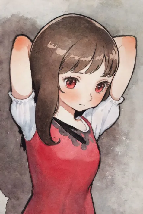 solo, 1girl, arms behind head, embarrassed, watercolor_\(medium\), marker_\(medium\),   <lora:osamu_tezuka_style_v02:1>