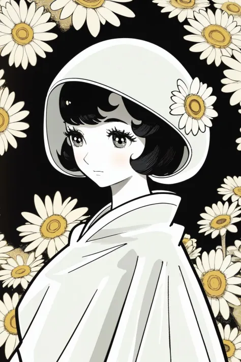 upper body, solo, 1girl, looking to the side, grey poncho, dim light, Daisy_Mums \(flower\), floral background <lora:Osamu_Tezuk...