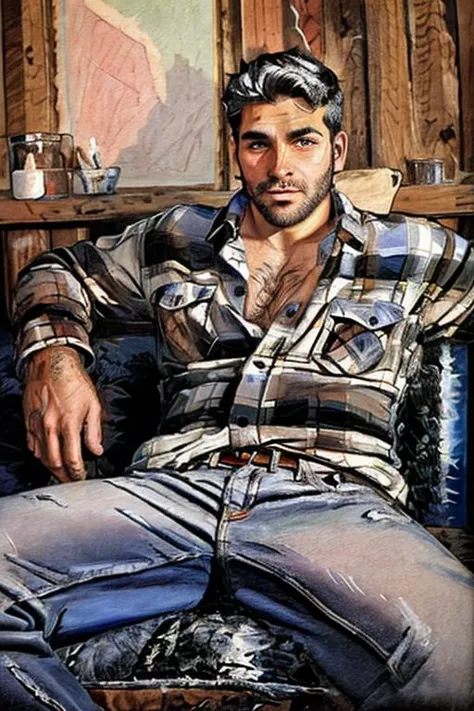 <lora:Quinquela_AI_v2:1> quinquela, painting of a man sitting on the sofa of a ski lodge, stubble, black hair, hairy, jeans, fla...