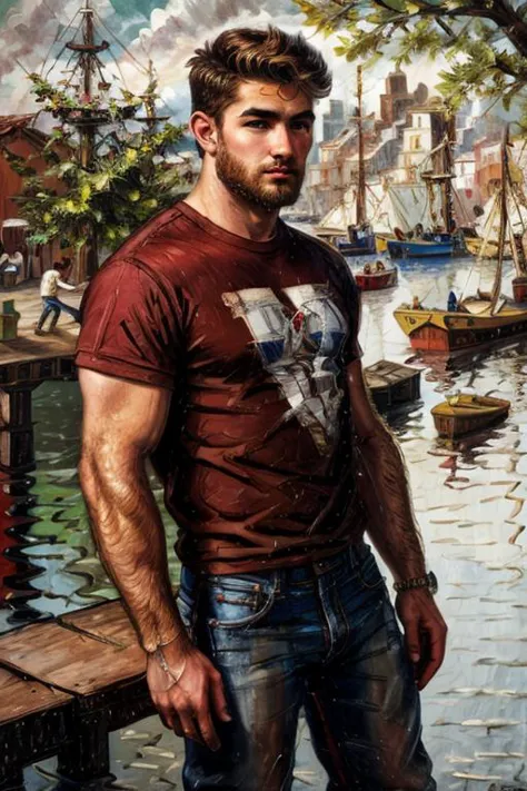 a painting of a man standing on a dock next to a body of water