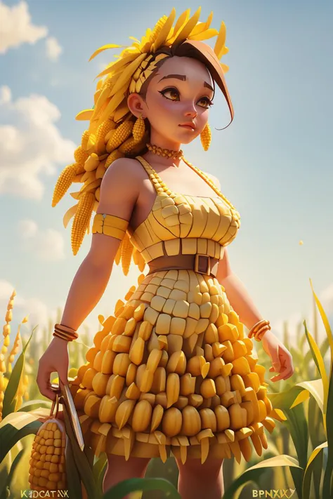 A girl in a dress made of corn,standing in the cornfield, Corn skirt,bikini made of corn kernels,blender \(medium\), octane \(ap...