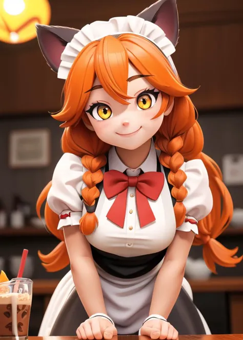 1girl, apron, blurry_background, focus_foreground, braids, city, city_lights, depth_of_field, hand_on_own_face, head_rest, leaning_forward, long_hair, looking_at_viewer, maid, maid_apron, maid_headdress, night, puffy_sleeves, short_sleeves, smile, solo, twin_braids, best quality, masterpiece, highres, heart-shaped-pupils, orange-yellow_eyes, reddish-orange_hair, cat_ears, catgirl_maid, bowtie, kao_dekai maido cafe, slightly_tanned