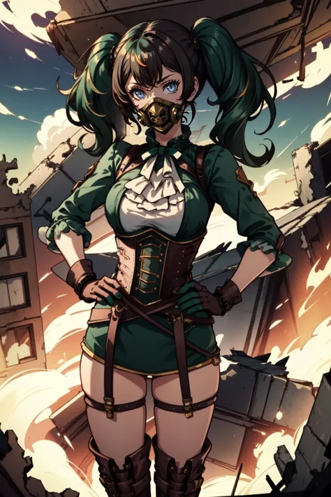 a woman in a green outfit and a gas mask standing in front of a building