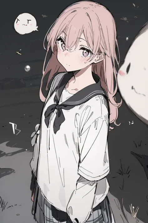 anime girl with long pink hair and a white shirt standing in front of a large moon