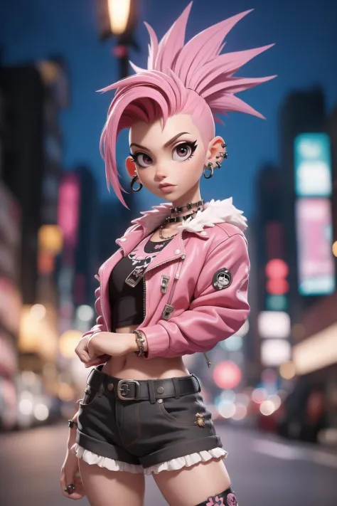 masterpiece,best quality,punk girl with pink mohawk hair, blurred night city background