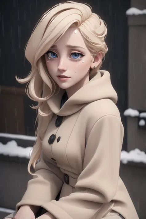 Beautiful depressed and crying young blond woman sitting outside in the cold rain, unreal engine 5 rendered, incredibly highly d...