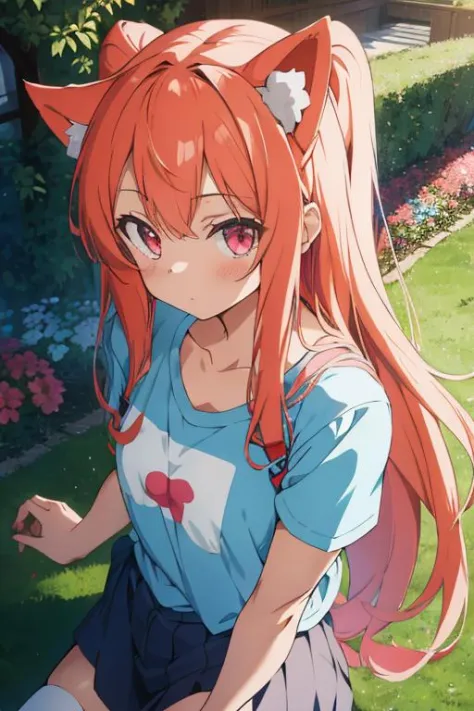 anime, hdr, soft light, ((best quality)), ((masterpiece)), (detailed), <lora:Jahysmol_15_15:0.9> jahysama, 1girl, very long hair, hair flaps, animal ears, shirt, clothes writing, short sleeves, naked shirt, looking at viewer, HeadpatPOV, pov, headpat, from above, garden,