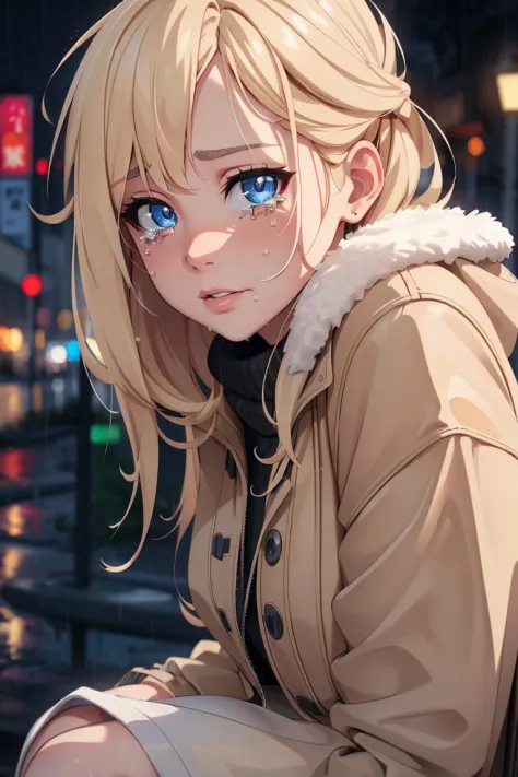 Beautiful depressed and crying young blond woman sitting outside in the cold rain, unreal engine 5 rendered, incredibly highly detailed and realistic, 8 k, sharp focus, studio quality, 8k, high quality, high resolution, 4k, hd, (well designed face), amazing face, (super detailed), very expressive eyes