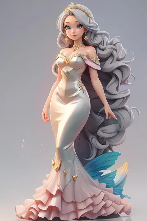 anime artwork pixar,3d style,toon,masterpiece,best quality,good shine,OC rendering,best quality,4K,super detail,1girl,((full body)),looking at viewer,standing,,Elegant off-the-shoulder gown with a mermaid silhouette and intricate lace details,,light grey background,clean background,anime style,key visual,vibrant,studio anime,highly detailed,