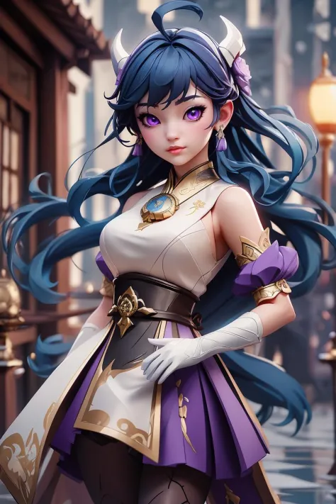 masterpiece, (photorealistic:1.5), best quality, beautiful lighting, real life, ganyu \(genshin impact\), 1girl, ahoge, architecture, bangs, bare shoulders, bell, black gloves, black pantyhose, (blue hair), blush, breasts, chinese knot, detached sleeves, east asian architecture, flower knot, gloves, horns, long hair, looking at viewer, medium breasts, neck bell, night, outdoors, pantyhose, purple eyes, sidelocks, solo, tassel, white sleeves, (ulzzang-6500:0.5) , intricate, high detail, sharp focus, dramatic, beautiful girl , (RAW photo, 8k uhd, film grain), caustics, subsurface scattering, reflection,depth of field,warframe,,<lora:ChineseDollLikenessV3.0:0.45> <lora:Ganyu (Genshin Impact) - Realistic + Anime:1>