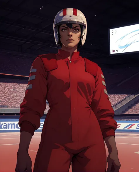 score_9,score_8_up,score_7_up,score_6_up,KaraHassan,brown eyes,black hair,short hair,red jumpsuit,helmet,standing,stadium,indoors,ramps,
