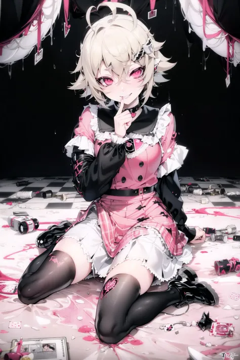 1girl, ahoge, argyle, argyle background, argyle legwear, black footwear, blood, blood on clothes, blood on face, blood splatter,...