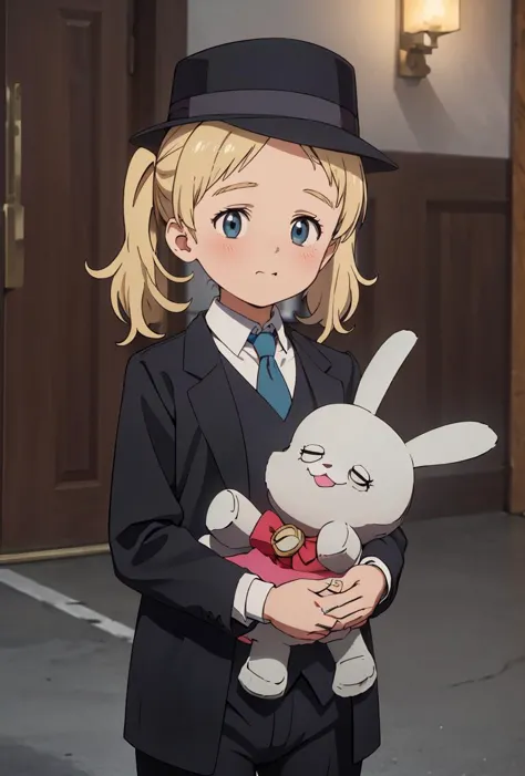 a woman in a suit holding a white rabbit in her hands