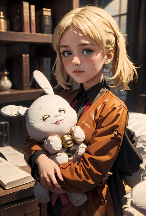 blond haired girl holding a stuffed rabbit in her arms