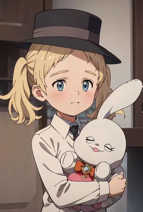 anime girl with a hat holding a rabbit in her arms