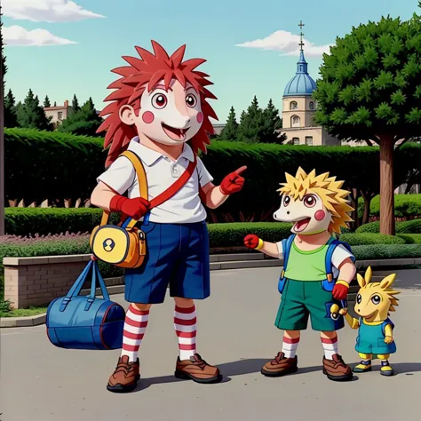 anime characters are standing in a park with a backpack and a backpack