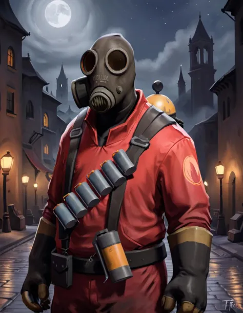 digital painting, portrait, painting of tf2pyro in a gothic city, redteam, red jacket, gas mask, night, <lora:tf2pyroloraXL:1>