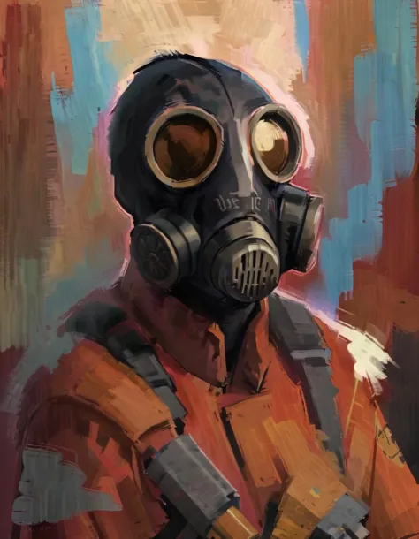 digitale Zeichnung, abstrakter Hintergrund, beste Qualität, highres, Porträt, Gemälde im Disco Elysium-Stil, 1 Junge, Allein, tf2pyro, redteam, Rote Jacke, schwarze Gasmaske, komplizierte Details, dynamischer Winkel, 