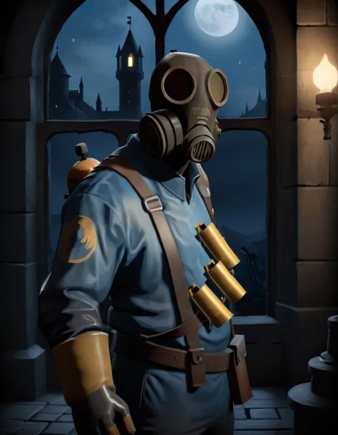 award winning photo, in the (dark:1.3), (deep shadow:1.3), creepy, scary, best quality, highres, 1boy, solo, tf2pyro, bluteam, blue jacket, gas mask, (in a gothic castle), ((moonlight)), light particles, intricate details, window in the background, dynamic angle, slight smile, (night:1.4), <lora:tf2pyroloraXL:1>