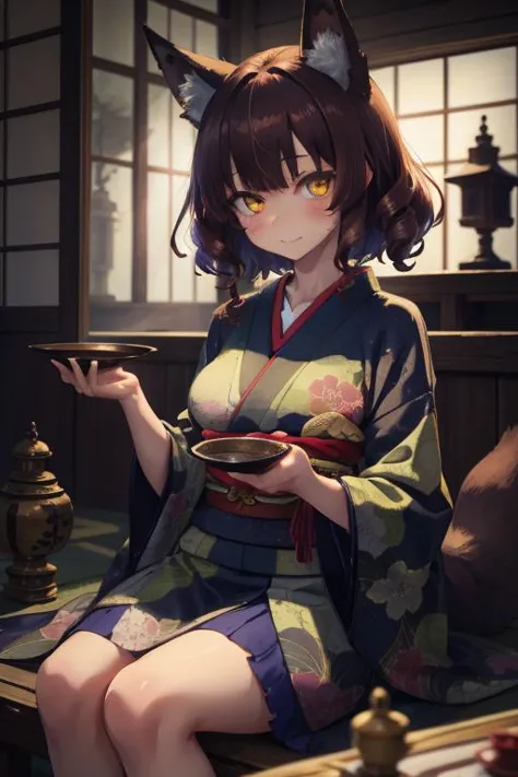 a woman in a kimono outfit sitting on a bed holding a bowl